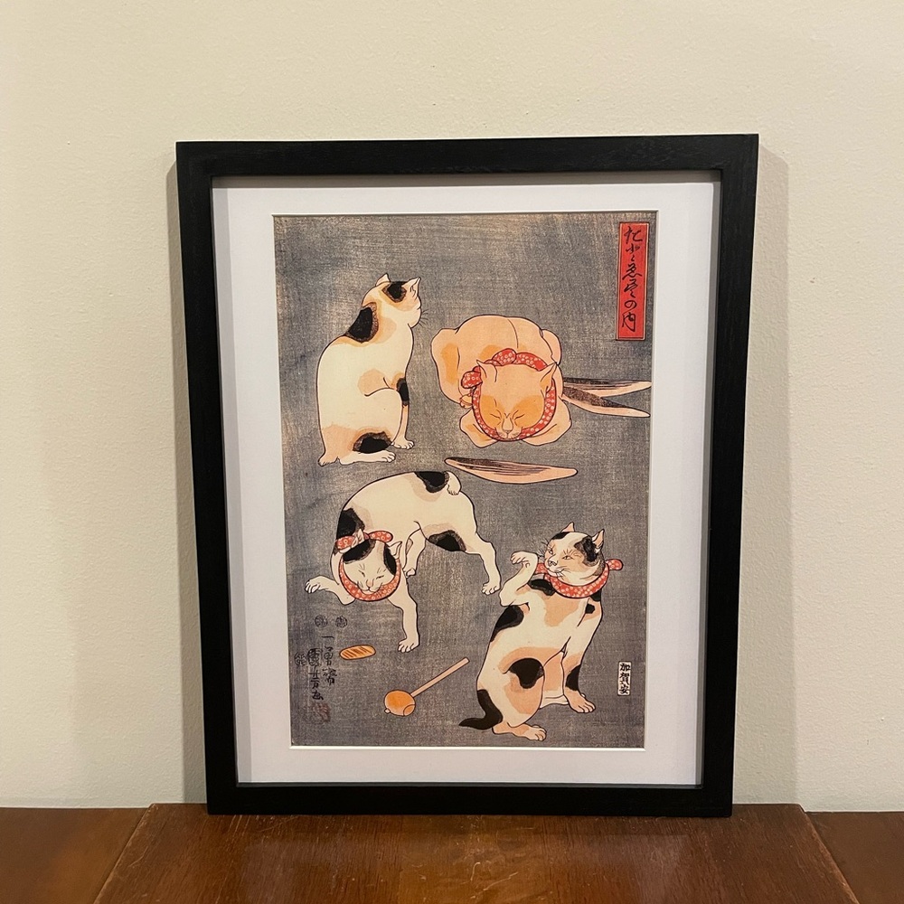 Japanese Cats 12x15 Kuniyoshi Ukiyoe Cats in Four Poses Framed Print Wall Art